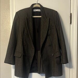 Zara Dark Charcoal Pinstripe Double-Breasted Blazer